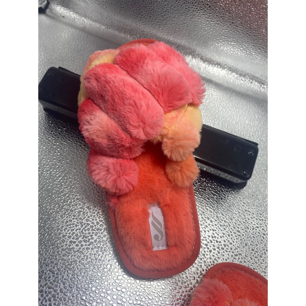 Vibrant Ombre Faux Fur Slide Slippers Pink Orange Yellow Fuzzy House Shoes Small